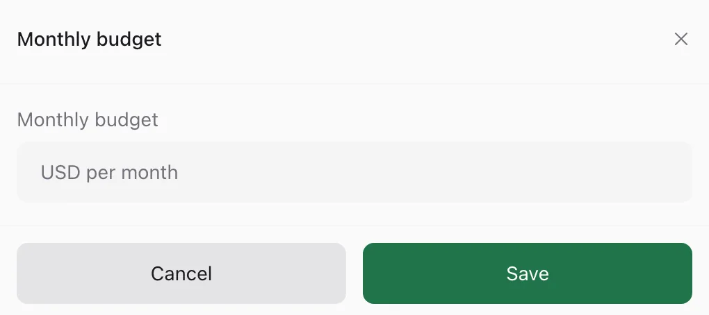 The Monthly budget dialog in ennbark, with a field for USD per month.