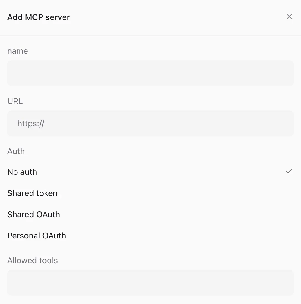 The Add MCP server dialog in ennbark: name, URL, an Auth choice of No auth, Shared token, Shared OAuth, or Personal OAuth, and Allowed tools.