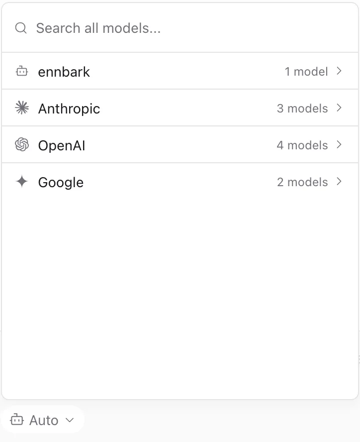 The ennbark model picker opened from the Auto button, listing ennbark, Anthropic, OpenAI, and Google models.